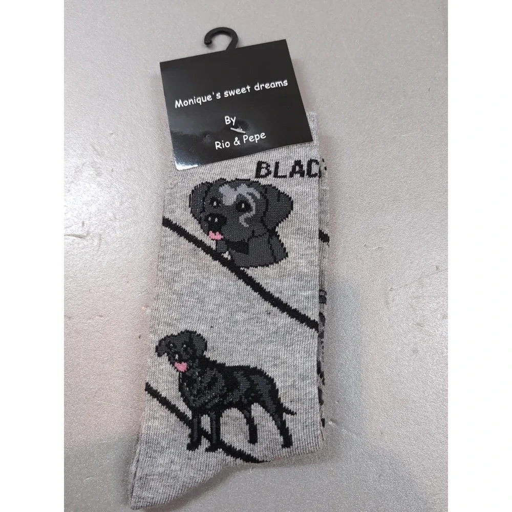 Rio & Pepe Moniques Sweet Dreams Black Lab Dog Socks Gray Novelty Crew Size 9-11